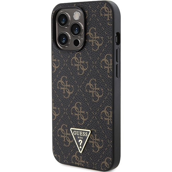 Guess iPhone 15 Pro Max - 4G Triangle Metal Logo Σκληρή Θήκη με Επένδυση Συνθετικού Δέρματος και Πλαίσιο Σιλικόνης - Black - GUHCP15XPG4GPK