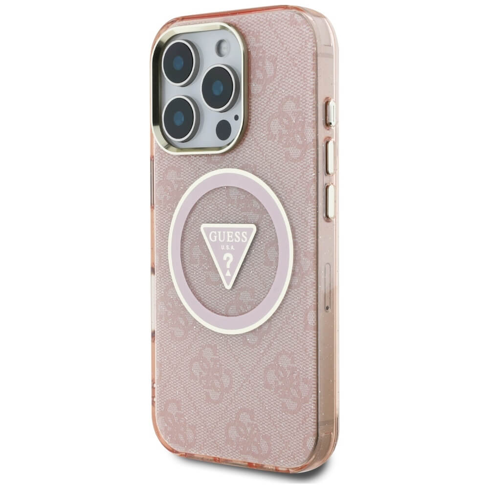 Guess iPhone 16 Pro Max - IML Metal Glitter 4G Circle Triangle MagSafe - Σκληρή Θήκη με Πλαίσιο Σιλικόνης και MagSafe - Pink - GUHMP16XHG4PRTGP