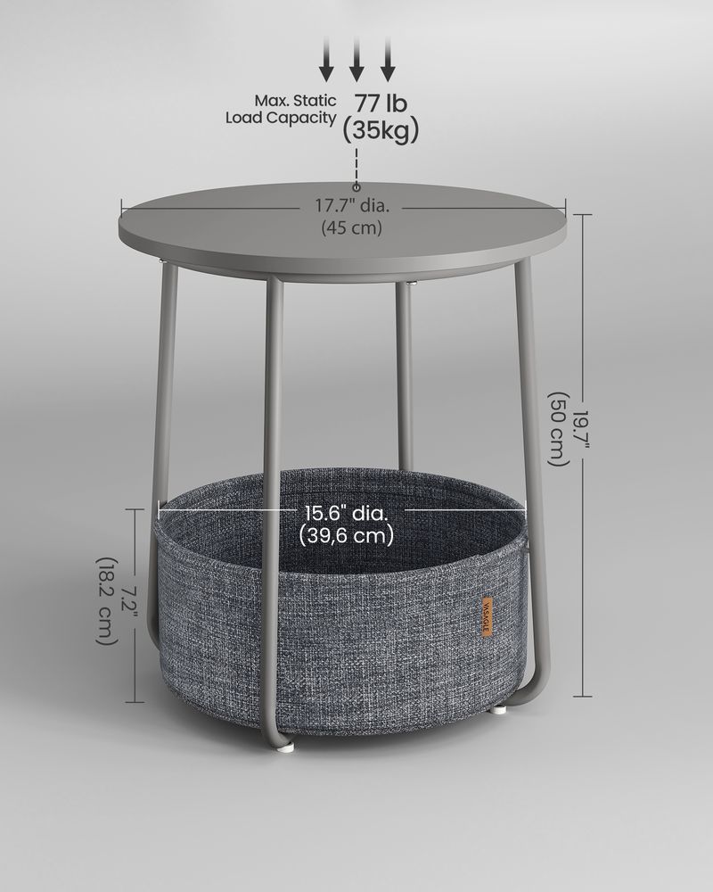 Vasagle Στρόγγυλο Βοηθητικό Τραπέζι με Υφασμάτινο Καλάθι Αποθήκευσης - Dove Grey / Slate Grey - LET223G36
