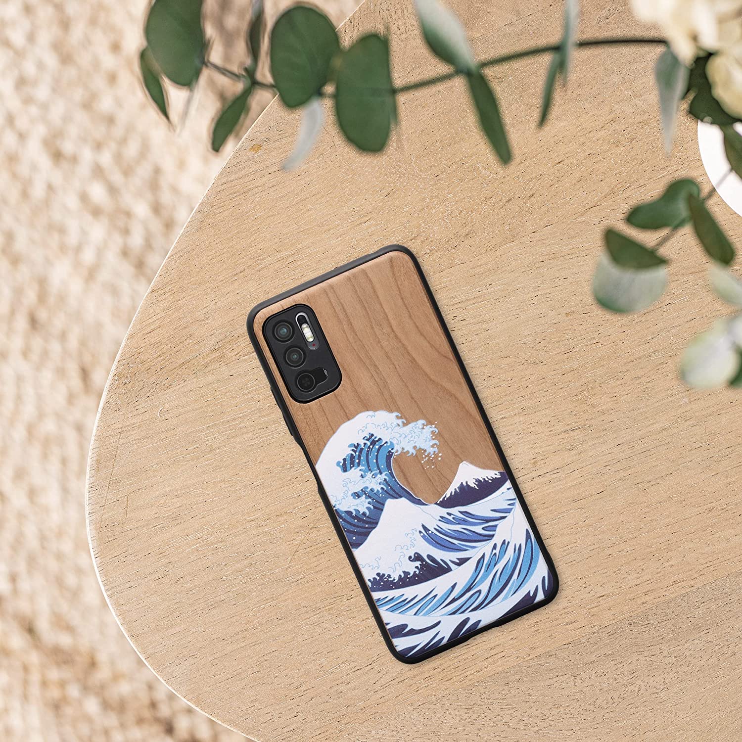 KW Xiaomi Redmi Note 10 5G Θήκη από Φυσικό Ξύλο - Design The Great Wave - Blue / White / Brown- 56792.04