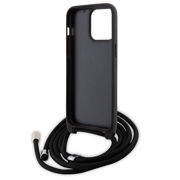 Karl Lagerfeld iPhone 15 Pro Max - Crossbody Saffiano Metal Pin Karl Choupette Σκληρή Θήκη με Επένδυση Συνθετικού Δέρματος και Λουράκι - Black - KLHCP15XSAKCPSK