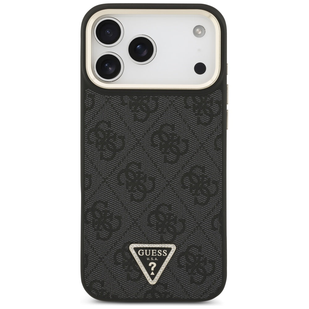 Guess iPhone 17 Pro Max - 4G Triangle Strass Logo MagSafe - Σκληρή Θήκη με Επένδυση Συνθετικού Δέρματος - Black / Gold - GUHMP17XP4GTDGMK