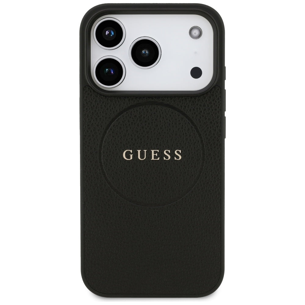 Guess iPhone 17 Pro - Grained Ring MagSafe - Σκληρή Θήκη με Πλαίσιο Σιλικόνης και Οικολογικό Δέρμα - Black - GUHMP17LPGHSMMK