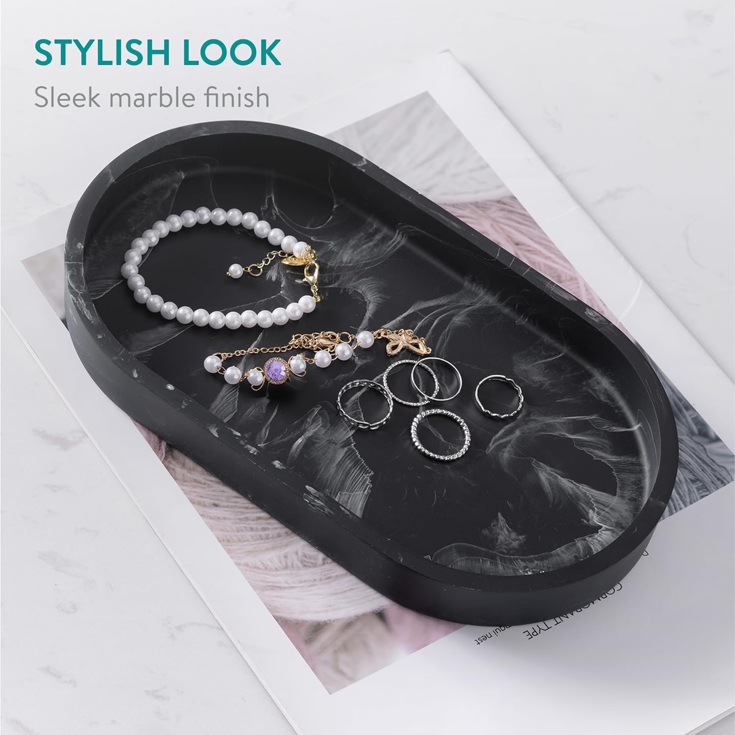 Navaris Διακοσμητικός Οβάλ Δίσκος από Πολυρητίνη - Design Marble - 22.5 x 12.5 x 2.7 cm - Black - 55578.01.01