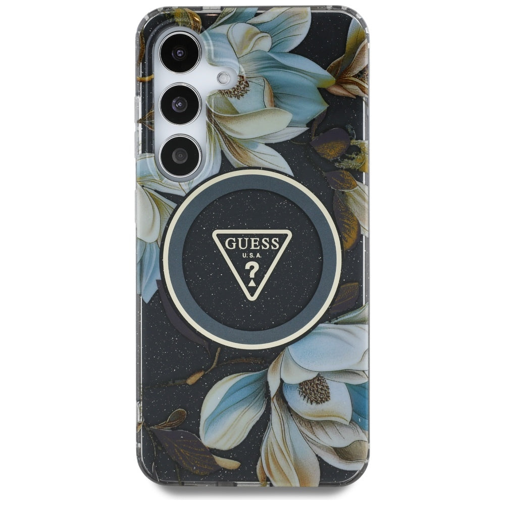 Guess Samsung Galaxy S25 - Glitter Flowers Triangle Buttons MagSafe - Σκληρή Θήκη με Πλαίσιο Σιλικόνης - Black - GUHMS25SHFLPEDK