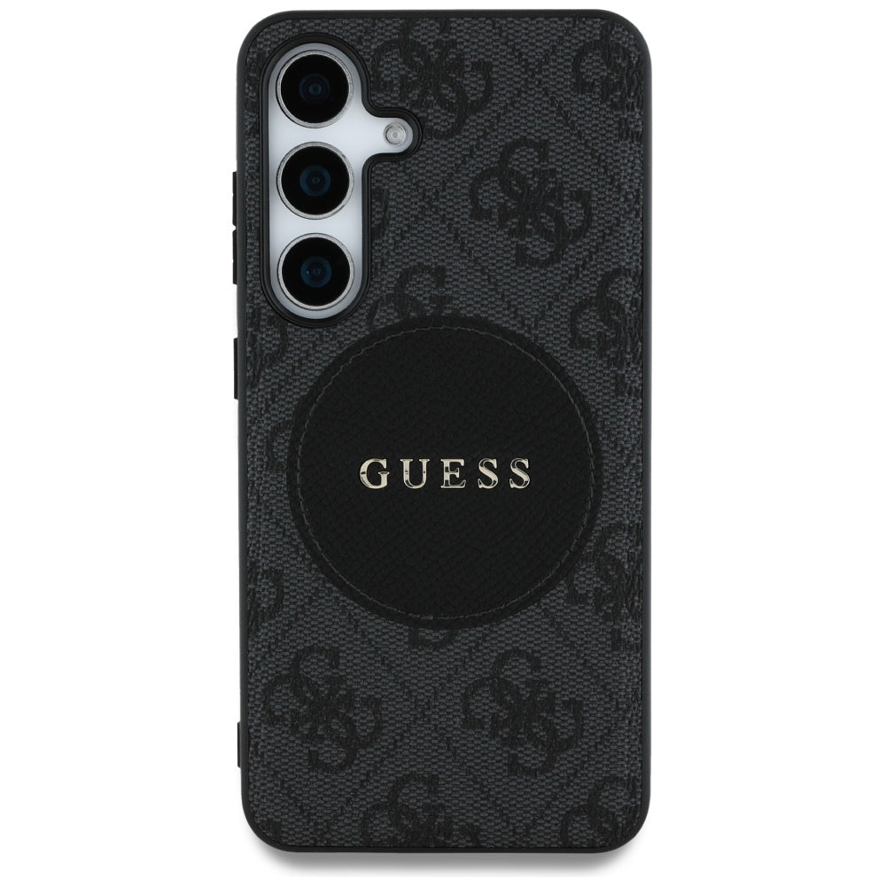Guess Samsung Galaxy S25 - 4G Round Patch Classic Logo - Θήκη με Επένδυση Συνθετικού Δέρματος και MagSafe - Black - GUHMS25SP4PGRSGK