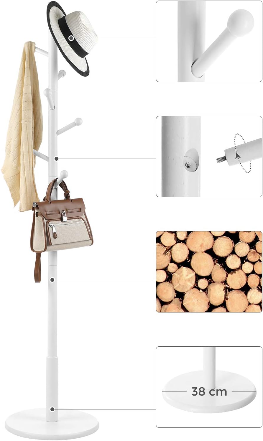 Vasagle Επιδαπέδια Κρεμάστρα με 7 Στρογγυλεμένους Γάντζους - 175 cm - White - RCR07WT