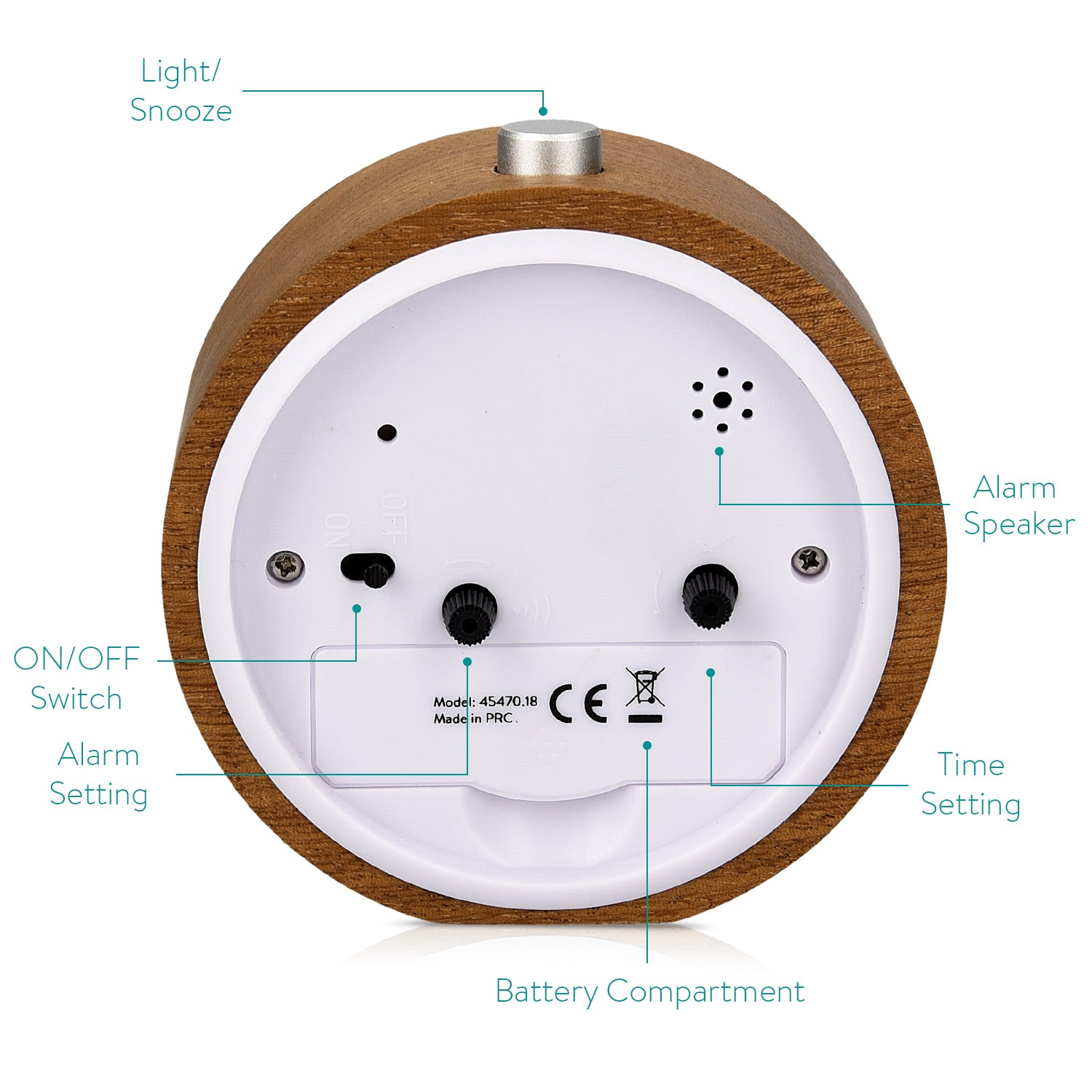 Navaris Analogue Wood Alarm Clock Design Round - Αναλογικό Επιτραπέζιο Ρολόι και Ξυπνητήρι - Gold / Dark Brown - 45470.18