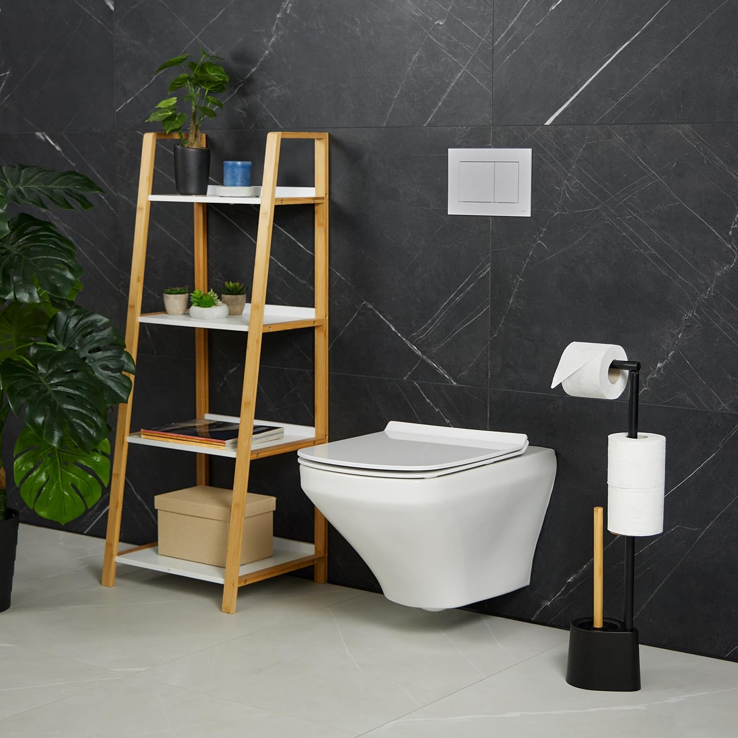 Relaxdays Επιδαπέδια Βάση για Χαρτί Υγείας με Ενσωματωμένο Πιγκάλ - Black / Light Brown - 4052025877941