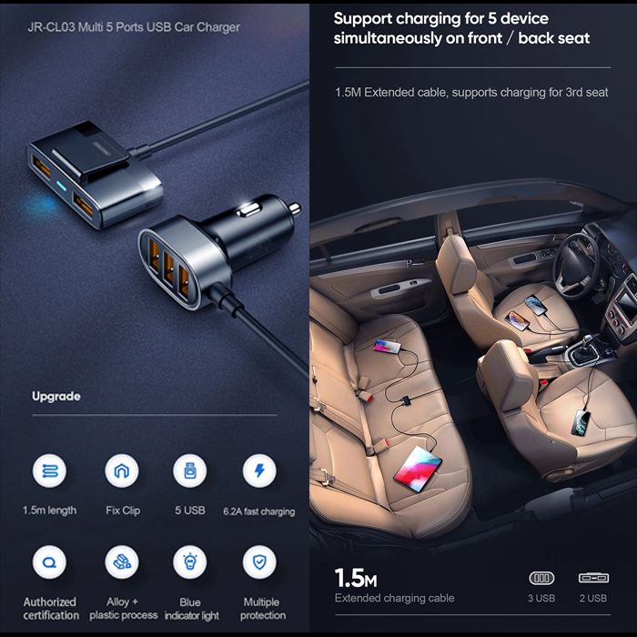 Joyroom JR-CL03 5-Port - Φορτιστής Αυτοκινήτου με 5 Θύρες USB 6.2A - Black