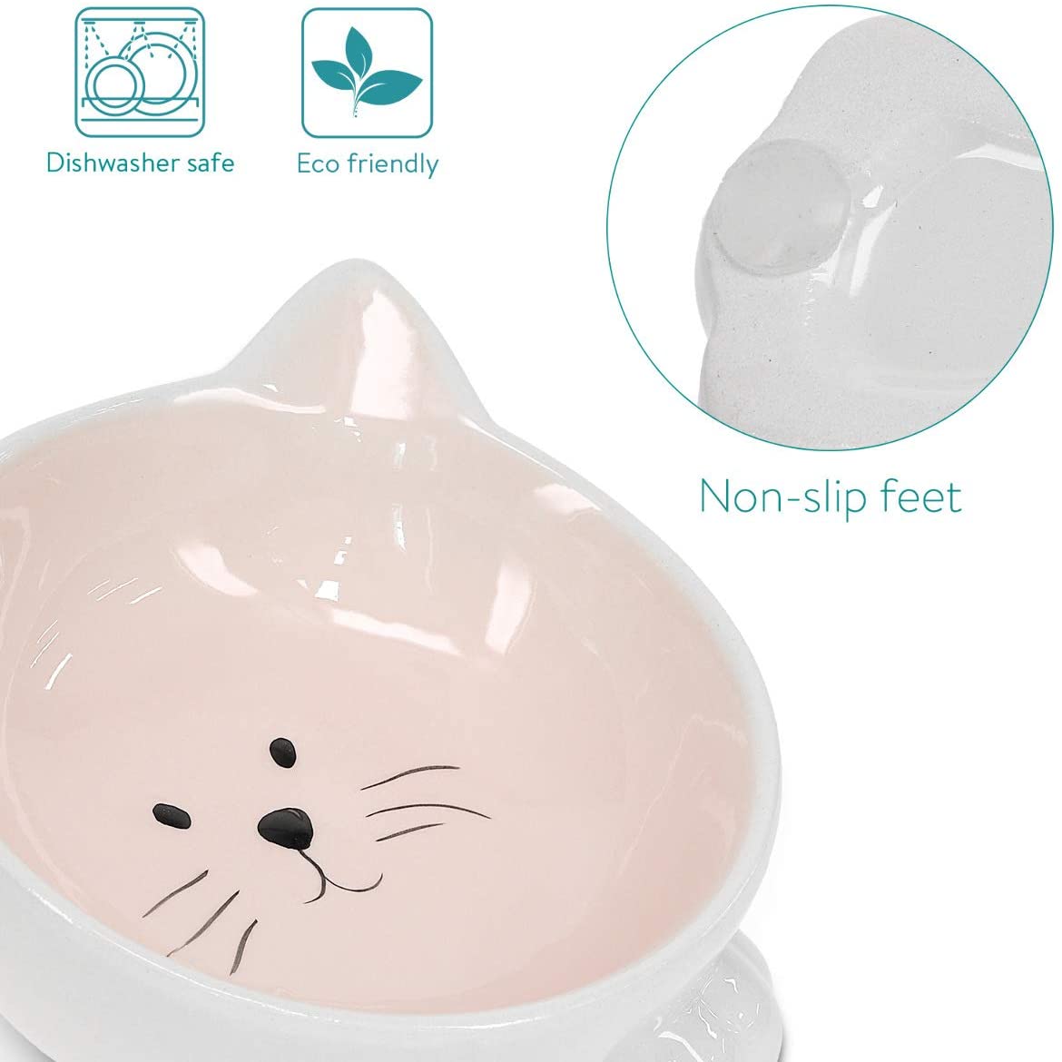 Navaris Cat Bowls with Ears Set of 2 - Σετ με 2 Μπολ Φαγητού και Νερού 130ml σε Σχήμα Γάτας - Pink / Green - 50736.02