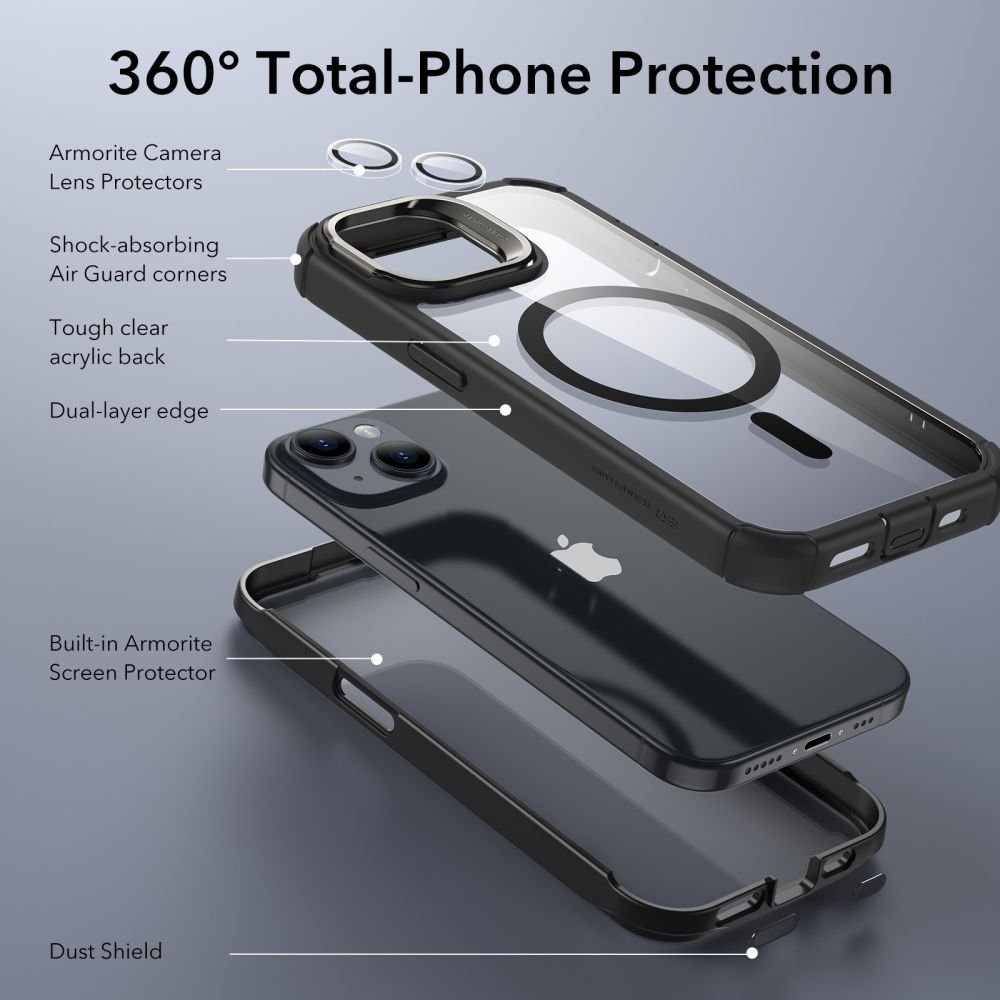 ESR iPhone 15 Plus Armor Tough Kickstand Halolock MagSafe Σκληρή Θήκη με Προστασία Οθόνης / Κάμερας και Stand - Διάφανη / Black