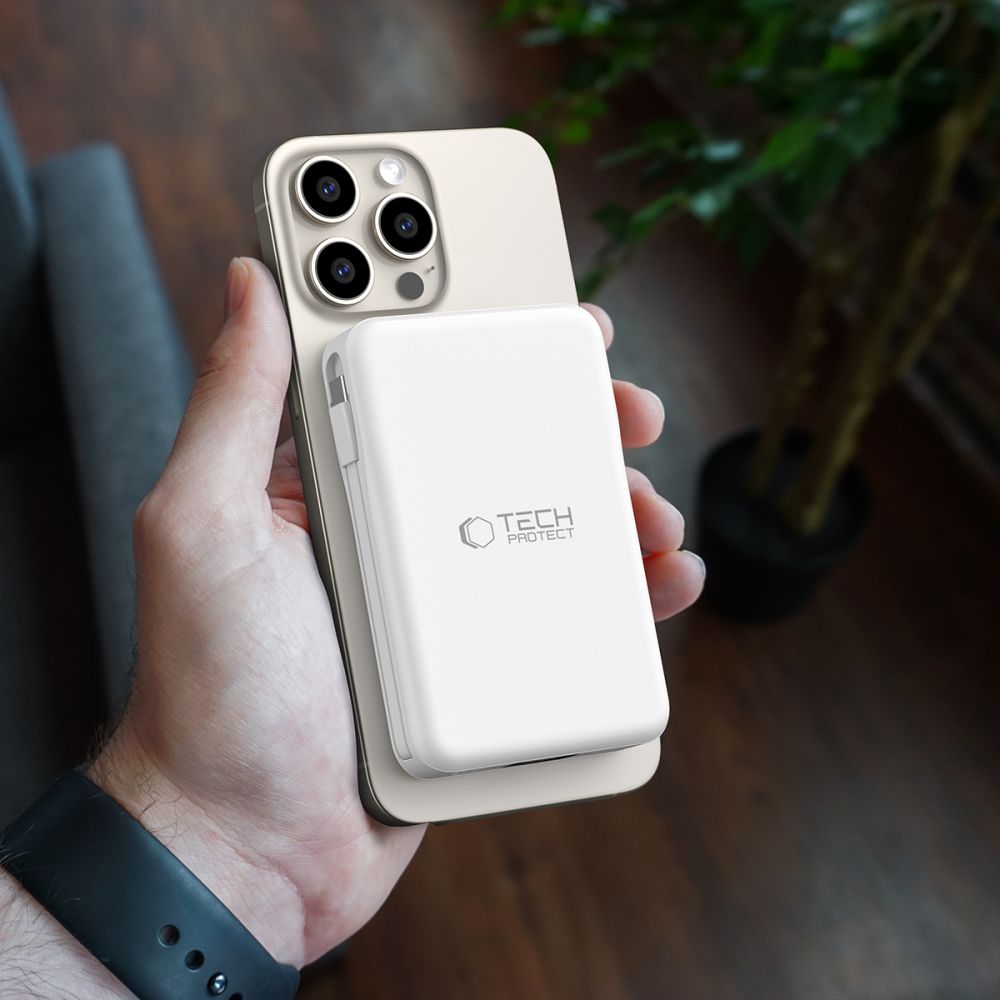 Tech - Protect PB31 Lifemag Ασύρματο MagSafe PowerBank Κινητού 10000 mAh με Ενσωματωμένο Καλώδιο Type - C και Lightning - White
