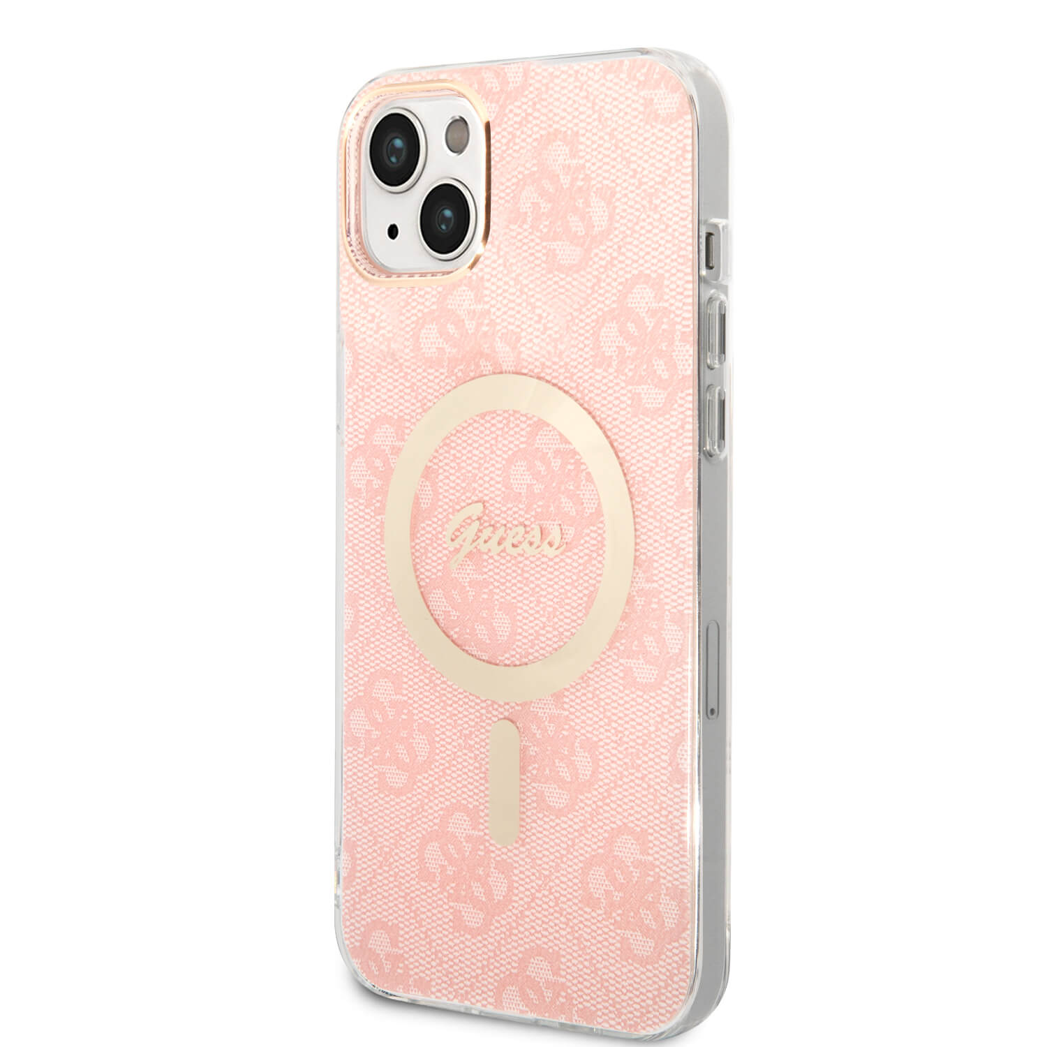 Guess iPhone 15 Plus / 14 Plus - Bundle Pack - Σετ Σκληρή Θήκη με Πλαίσιο Σιλικόνης και Ασύρματος Φορτιστής MagSafe - Design 4G Print MagSafe - Pink - GUBPP14MH4EACSP
