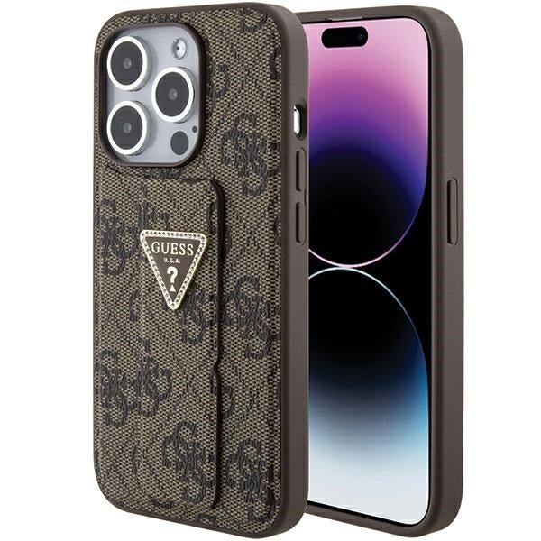 Guess iPhone 15 Pro Grip Stand 4G Triangle Strass Logo Θήκη με Επένδυση Συνθετικού Δέρματος και Stand - Brown - GUHCP15LPGS4TDW