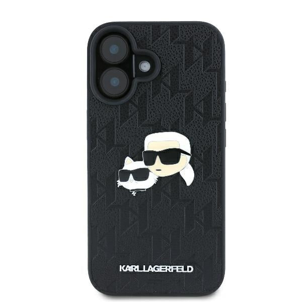 Karl Lagerfeld iPhone 16 Plus - Monogram Karl and Choupette Head Pin Σκληρή Θήκη με Επένδυση Συνθετικού Δέρματος - Black - KLHCP16MPGKLKCPK
