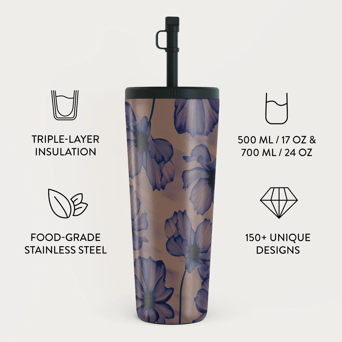 Burga Κούπα θερμός από Ανοξείδωτο Ατσάλι με καλαμάκι - 700ml - Velvet Night