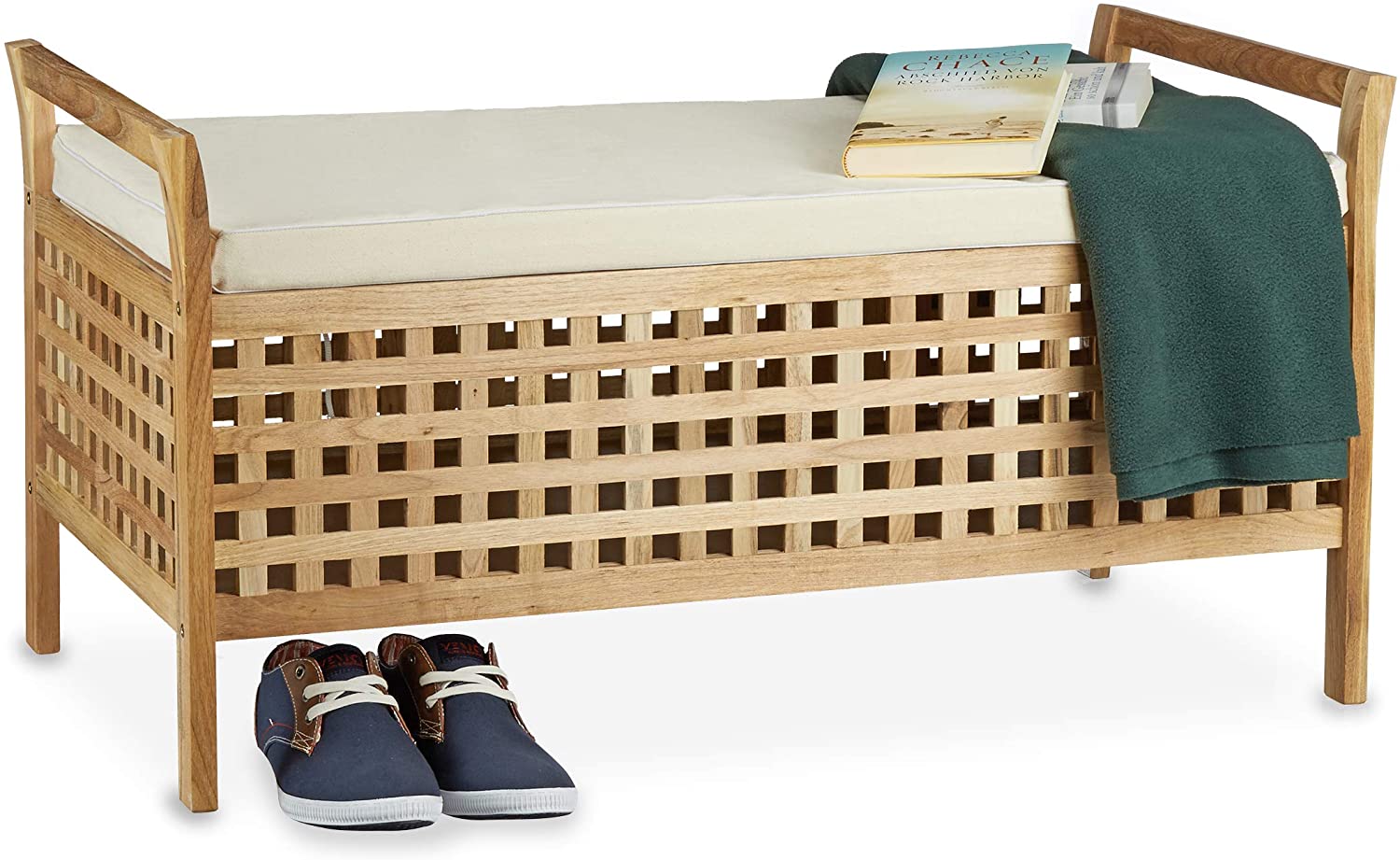 Relaxdays Σκαμπό από Ξύλο με Αποθηκευτικό Χώρο - 46,5 x 92,6 x 49 cm - Natural - 4052025201494