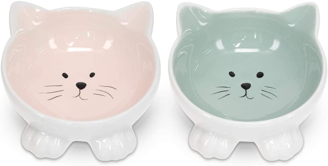 Navaris Cat Bowls with Ears Set of 2 - Σετ με 2 Μπολ Φαγητού και Νερού 130ml σε Σχήμα Γάτας - Pink / Green - 50736.02