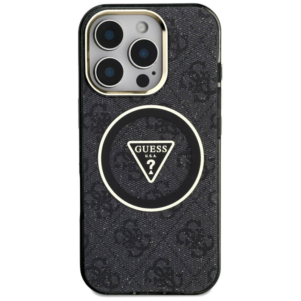 Guess iPhone 16 Pro - IML Metal Glitter 4G Circle Triangle MagSafe - Σκληρή Θήκη με Πλαίσιο Σιλικόνης και MagSafe - Black - GUHMP16LHG4PRTGK
