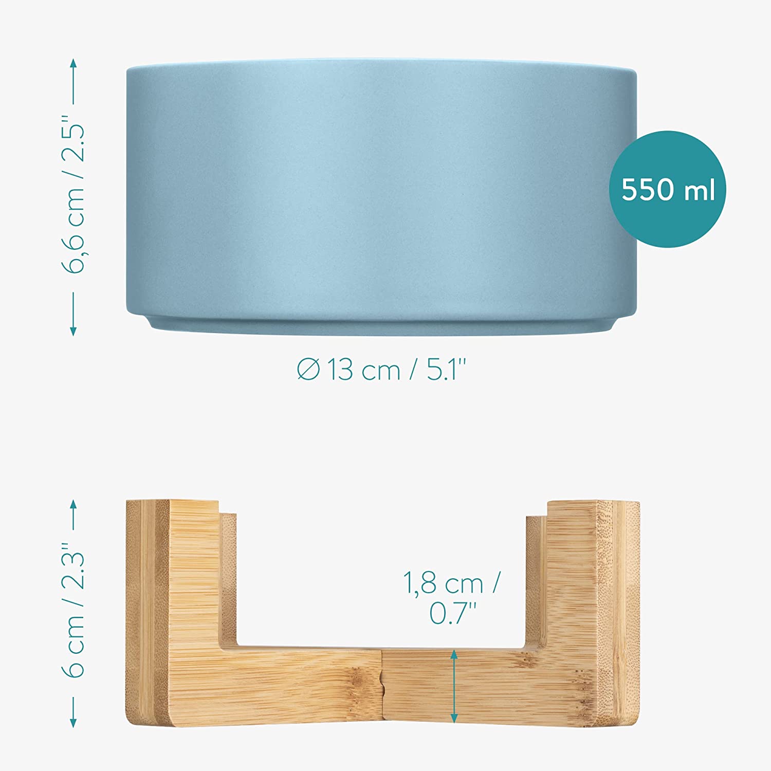 Navaris Σετ με 2 Κεραμικά Μπολ Φαγητού και Νερού 550ml με Βάση από Μπαμπού για Κατοικίδια - Blue - Pink - 55428.1.33