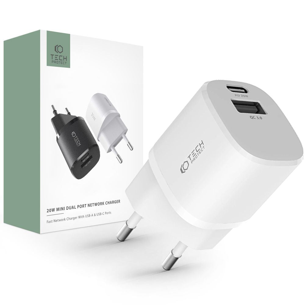 Tech-Protect C20W Mini QC3.0 Οικιακός Φορτιστής Γρήγορης Φόρτισης με 1 Θύρα USB και 1 Θύρα Type C - White