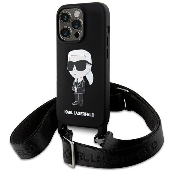 Karl Lagerfeld iPhone 15 Pro Max Crossbody Silicone Ikonik Σκληρή Θήκη με Πλαίσιο Σιλικόνης και Λουράκι - Black - KLHCP15XSCBSKNK