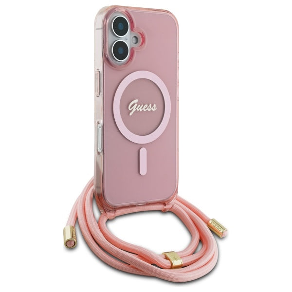 Guess iPhone 16 - Crossbody Cord Script MagSafe - Σκληρή Θήκη με Πλαίσιο Σιλικόνης και Λουράκι - Pink - GUHMP16SHCTSGNSP