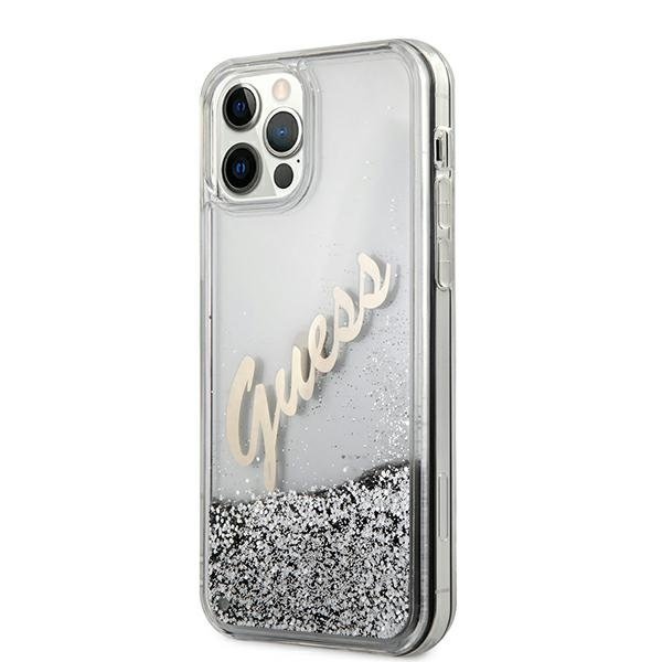 Guess iPhone 12 Pro Max - Glitter Vintage Script Σκληρή Θήκη με Πλαίσιο Σιλικόνης - Silver - GUHCP12LGLVSSI