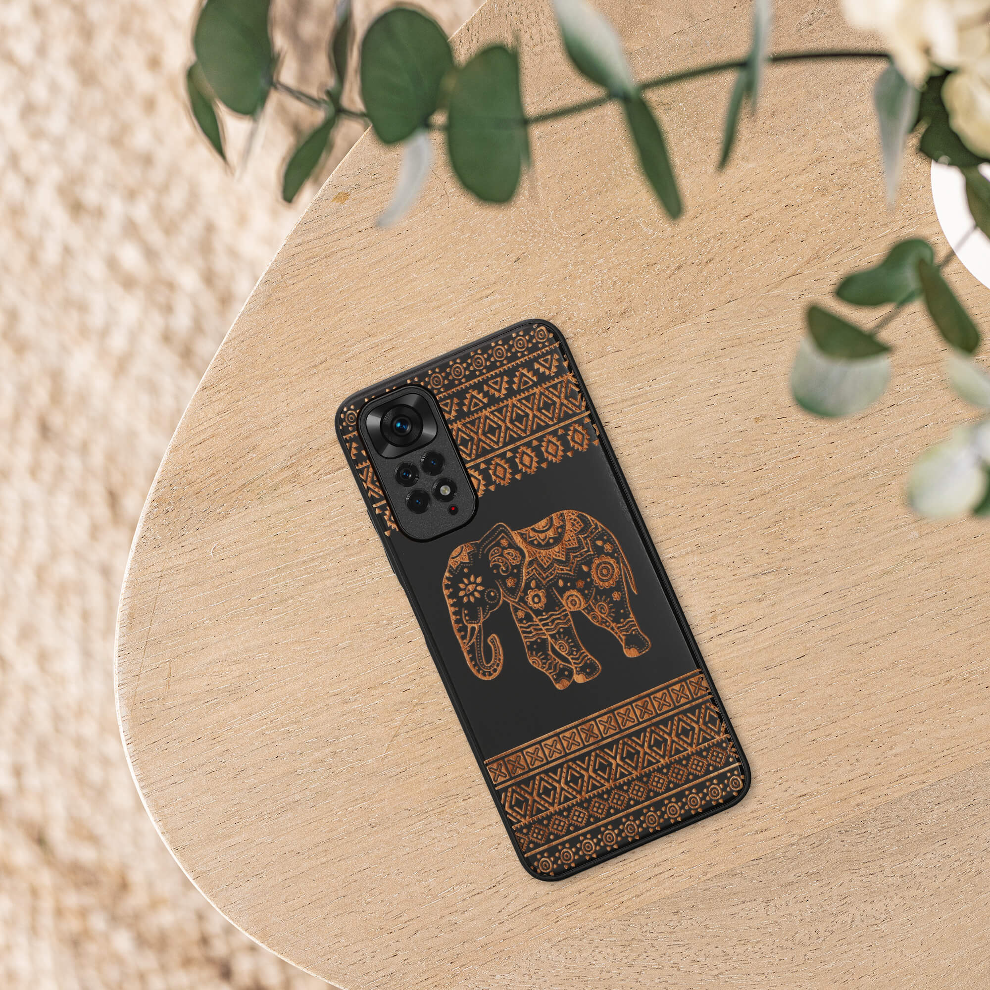 KW Xiaomi Redmi Note 11 / Redmi Note 11S Θήκη από Φυσικό Ξύλο - Design Wood Elephant with Pattern - Light Brown / Black - 57386.04