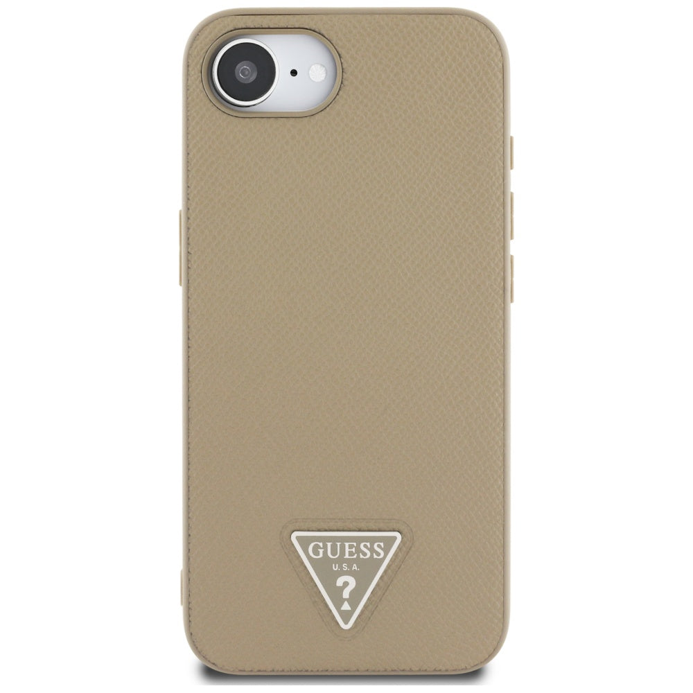 Guess iPhone 16e - Grained Triangle MagSafe - Σκληρή Θήκη με Επένδυση Συνθετικού Δέρματος και Πλαίσιο Σιλικόνης - Brown - GUHMPSE4PGTSPSW