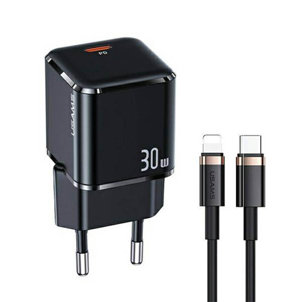 Usams Travel Charger Kit 30W Οικιακός Φορτιστής με Θύρα Type-C και καλώδιο Type-C to Lightning 20W - Black - UXTZH01
