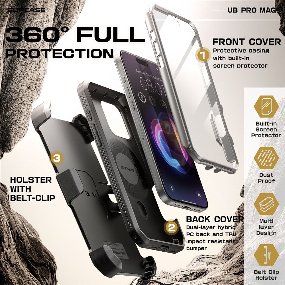 Supcase iPhone 16 Pro Max - UB Pro Mag Σκληρή Θήκη με Προστασία Οθόνης και Stand με MagSafe - Titan Grey