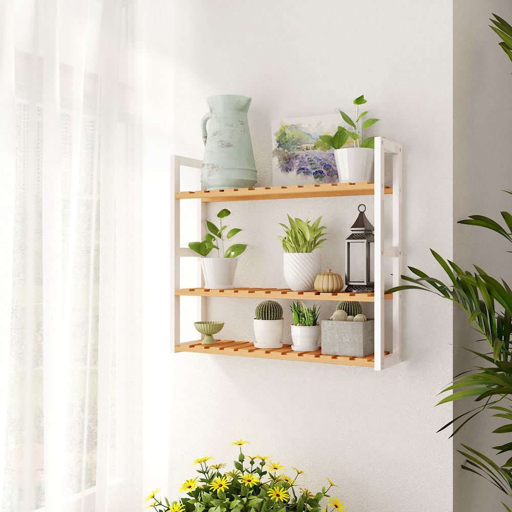Songmics Επιτοίχια Βάση από Μπαμπού με 3 Ράφια - Natural / White - BCB13WN