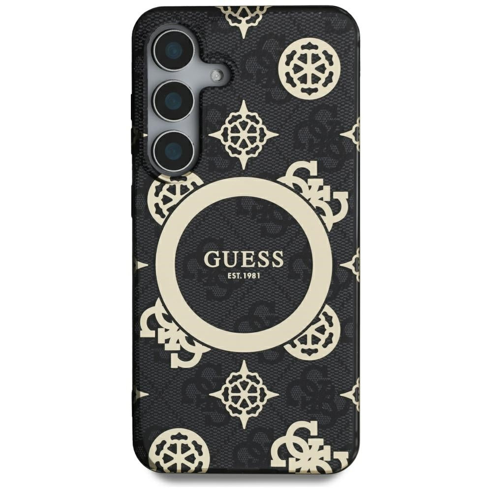 Guess Samsung Galaxy S25 Ultra - 4G Background Gold Electroplated Peony Pattern MagSafe - Σκληρή Θήκη με Πλαίσιο Σιλικόνης - Black - GUHMS25LH4PYEEK