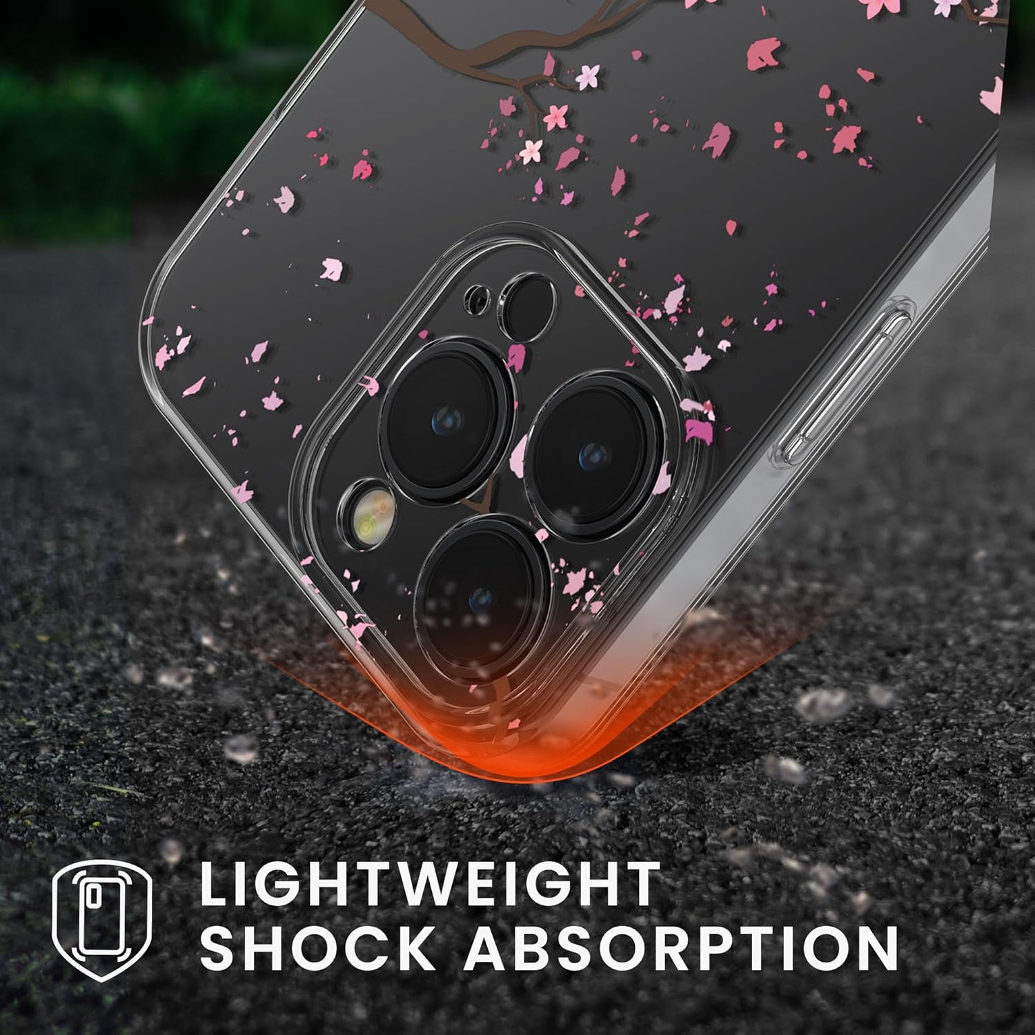 KW iPhone 15 Pro Θήκη Σιλικόνης TPU με Αντιχαρακτικό Γυαλί - Design Cherry Blossom Petals - Pink / Dark Brown / Διάφανη