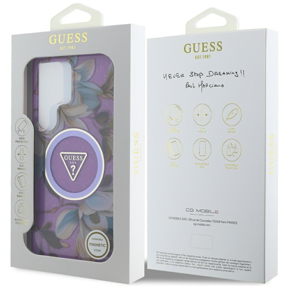 Guess Samsung Galaxy S25 Ultra - Glitter Flowers Triangle Buttons MagSafe - Σκληρή Θήκη με Πλαίσιο Σιλικόνης - Purple - GUHMS25LHFLPEDU