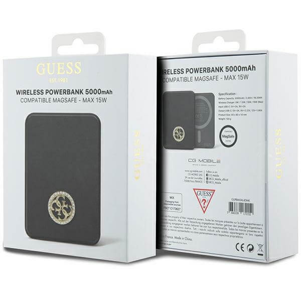 Guess PowerBank 15W - MagSafe 4G Strassed Metal Logo - 5000 mAh - Black - GUPBM5AL4DMK