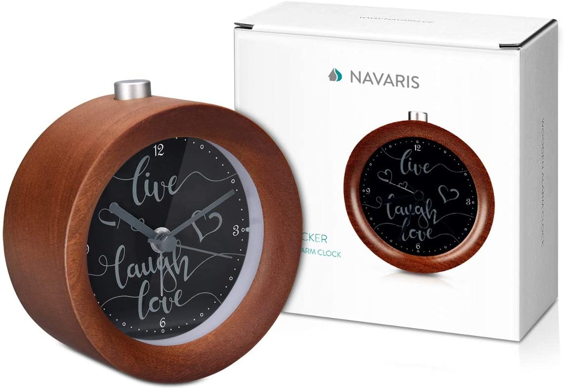 Navaris Analogue Wood Alarm Clock Design Live / Laugh / Love - Αναλογικό Επιτραπέζιο Ρολόι και Ξυπνητήρι - Dark Brown - 46269.18.05