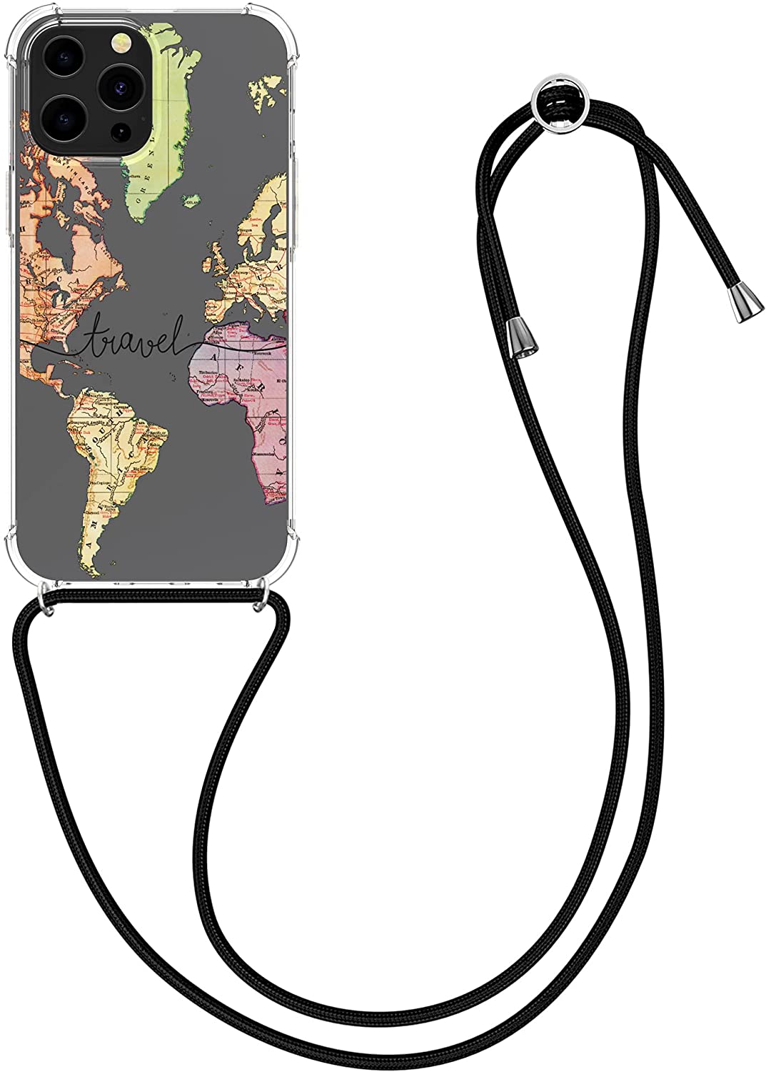 KW iPhone 13 Pro Max Θήκη Σιλικόνης TPU με Λουράκι Design Travel - Διάφανη / Black / Multicolor - 55978.01