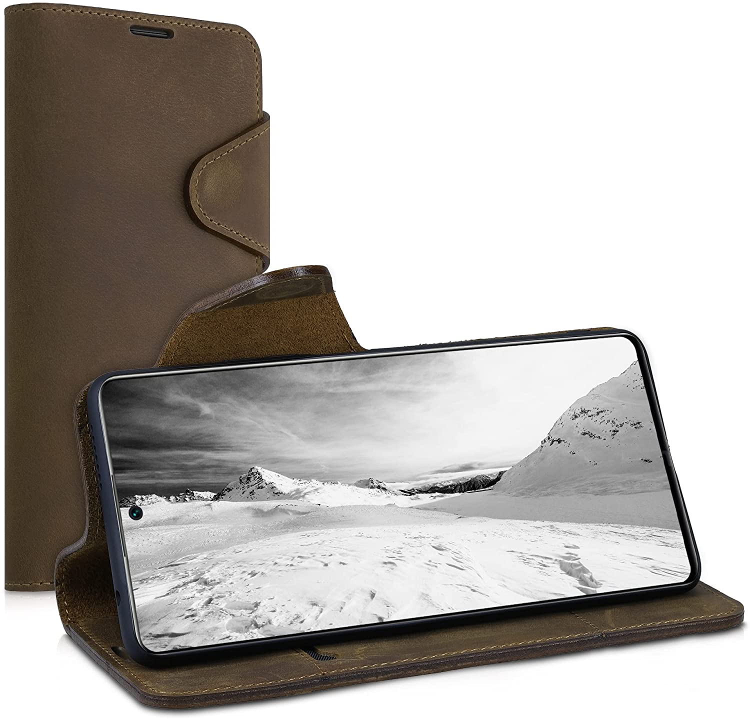 Kalibri Xiaomi 11T / 11T Pro Θήκη Πορτοφόλι Stand από Γνήσιο Δέρμα - Design Navigational Compass - Brown - 56315.01