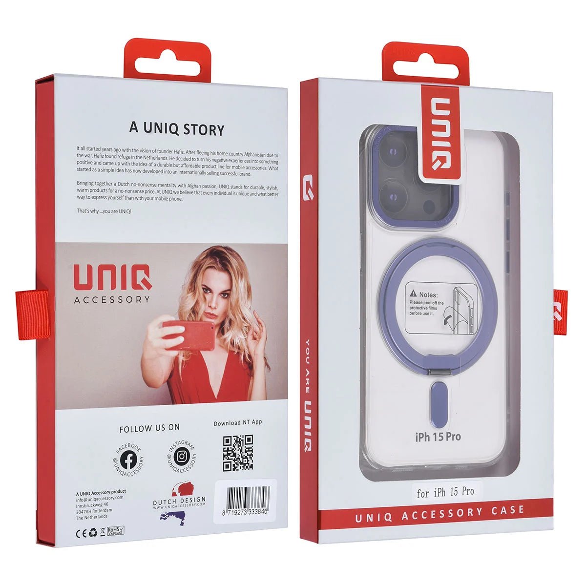 Tuniq iPhone 15 Pro - Σκληρή MagSafe Θήκη με Περιστρεφόμενο Δαχτυλίδι Συγκράτησης - Διάφανη / Μοβ