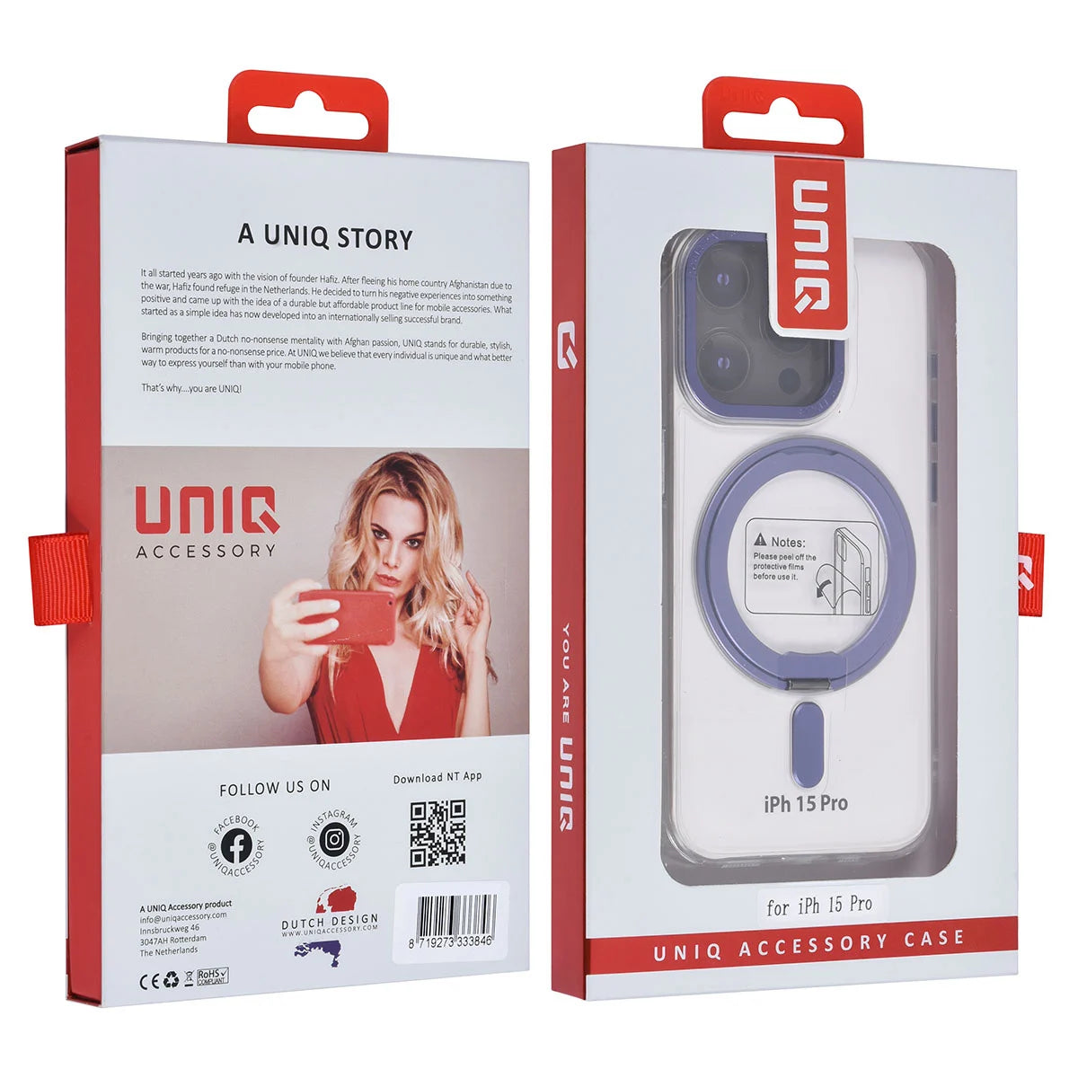 Tuniq iPhone 15 Pro - Σκληρή MagSafe Θήκη με Περιστρεφόμενο Δαχτυλίδι Συγκράτησης - Διάφανη / Μοβ