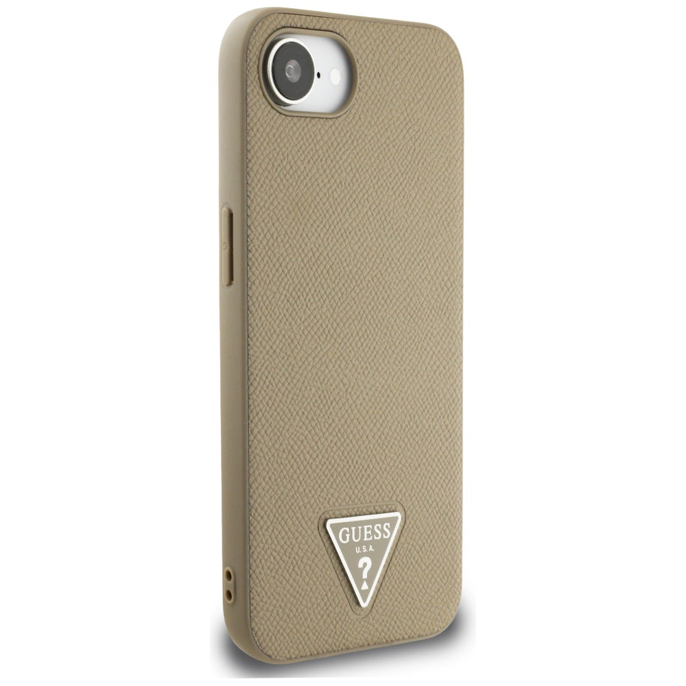 Guess iPhone 16e - Grained Triangle MagSafe - Σκληρή Θήκη με Επένδυση Συνθετικού Δέρματος και Πλαίσιο Σιλικόνης - Brown - GUHMPSE4PGTSPSW