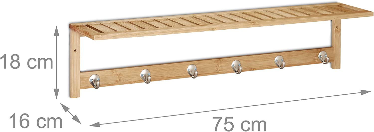 Relaxdays Ξύλινο Ράφι από Μπαμπού Μπάνιου με 6 Γάντζους για Πετσέτες - Natural - 4052025314552