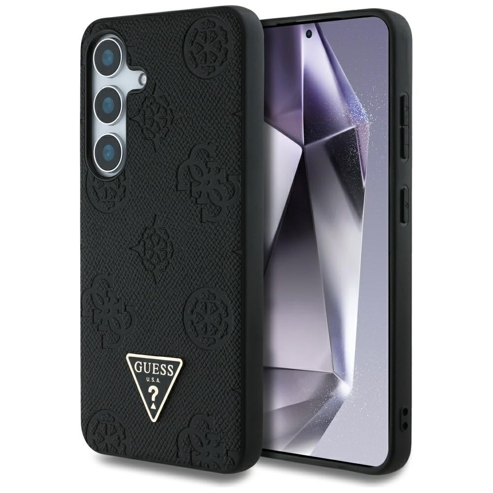 Guess Samsung Galaxy S25 - Grained Hot Stamp Peony Pattern Triangle Logo - MagSafe Σκληρή Θήκη με Πλαίσιο Σιλικόνης και Συνθετικό Δέρμα - Black - GUHMS25SPGBTMK