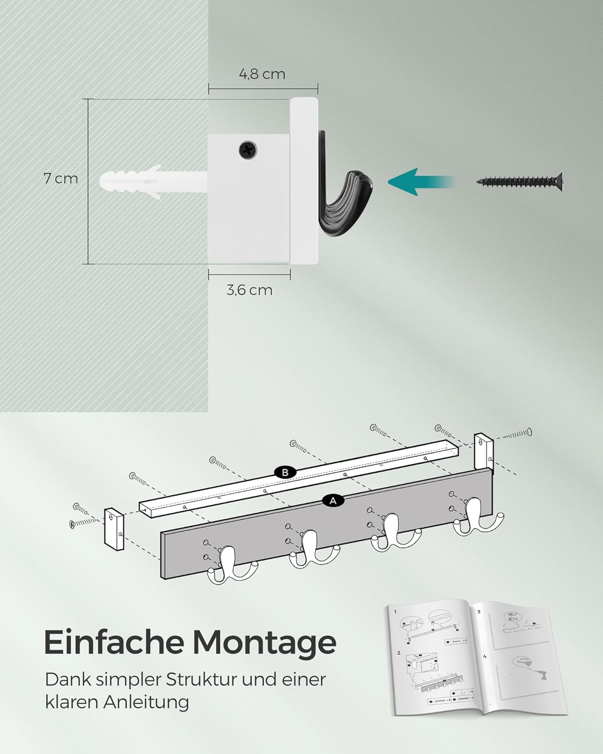 Songmics Επιτοίχια Ξύλινη Κρεμάστρα από Μπαμπού με 4 Μεταλλικούς Γάντζους και Ράφι - Cloud White - LCR006W01