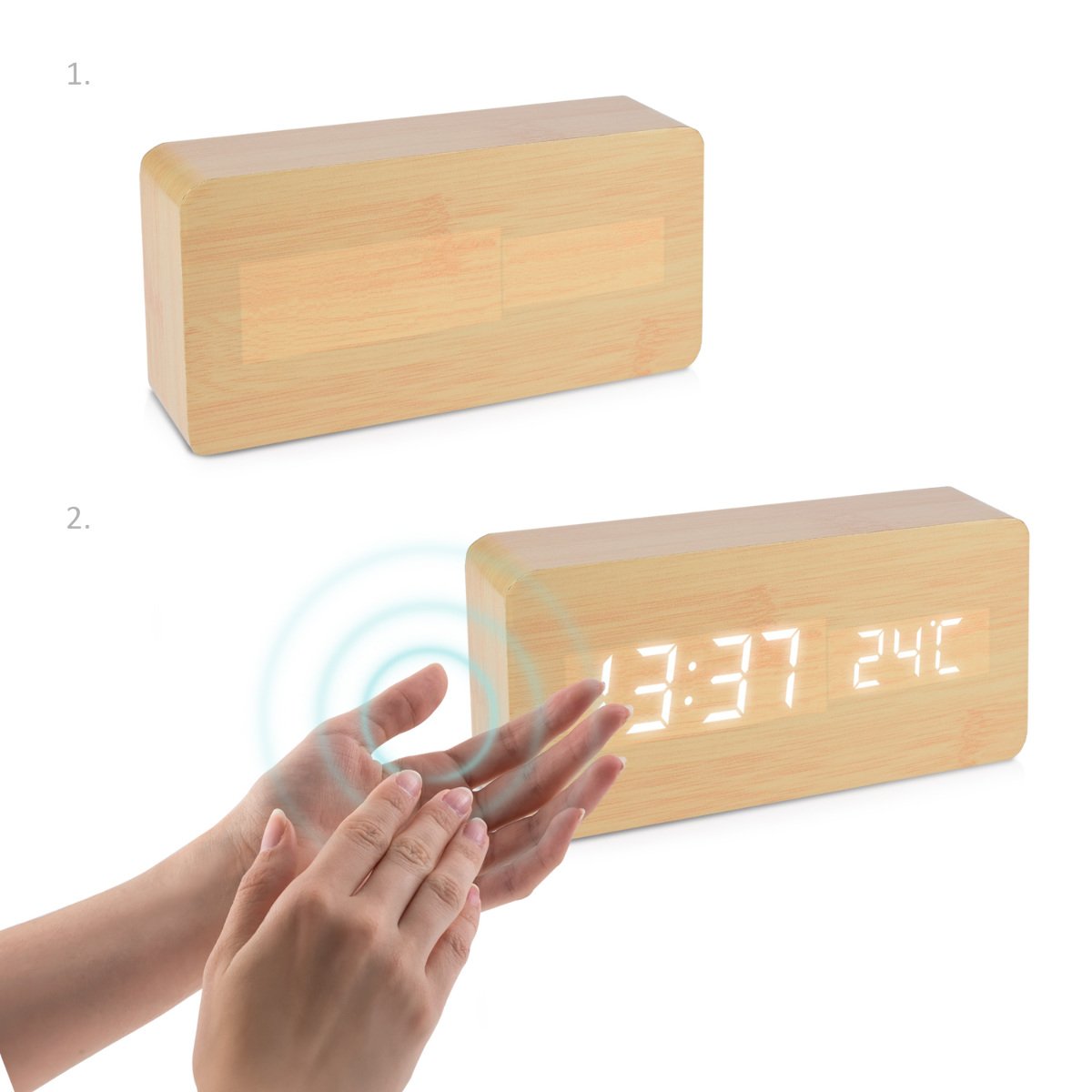 Kwmobile Digital Alarm LED Clock - Ψηφιακό Επιτραπέζιο Ρολόι και Ξυπνητήρι - Wooden Design - White LED - 38876