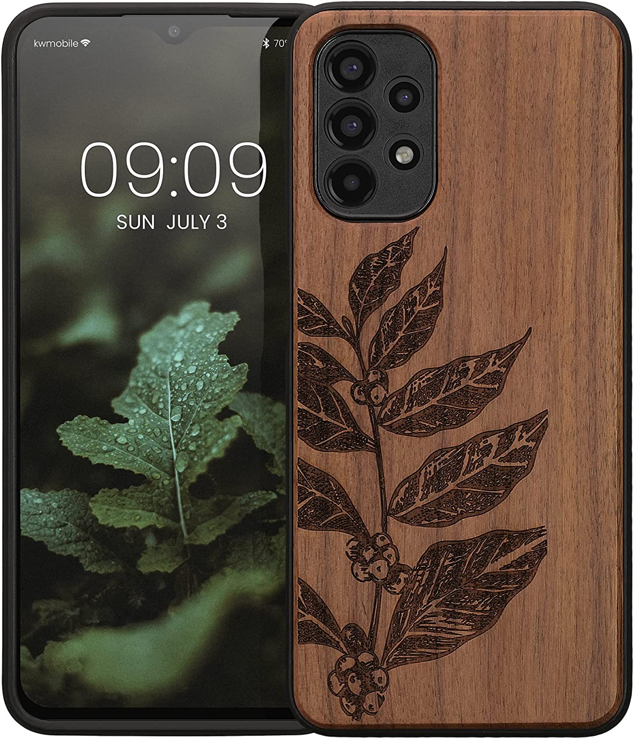 KW Samsung Galaxy A13 4G Θήκη από Φυσικό Ξύλο - Design Leaves and Berries - Dark Brown - 58315.07