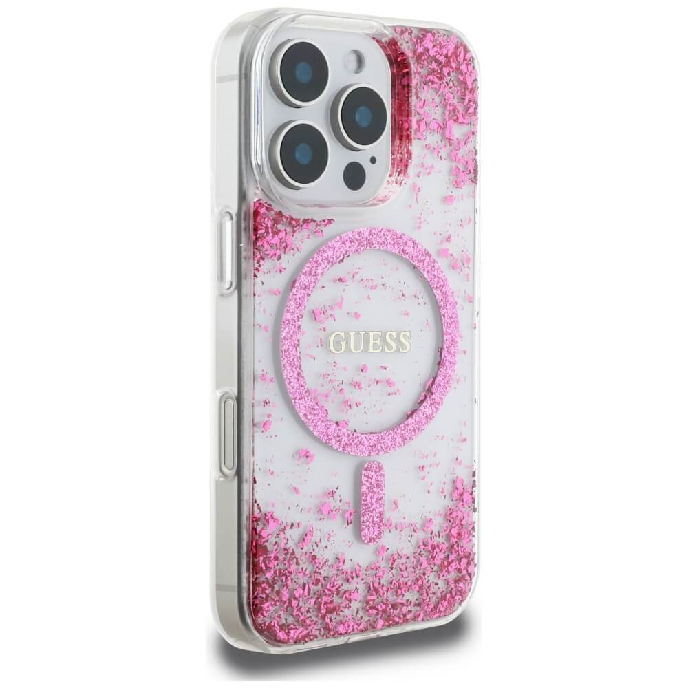 Guess iPhone 16 Pro - HC Resin Bottom Glitter - MagSafe Σκληρή Θήκη με Πλαίσιο Σιλικόνης - Pink - GUHMP16LRGRGEP
